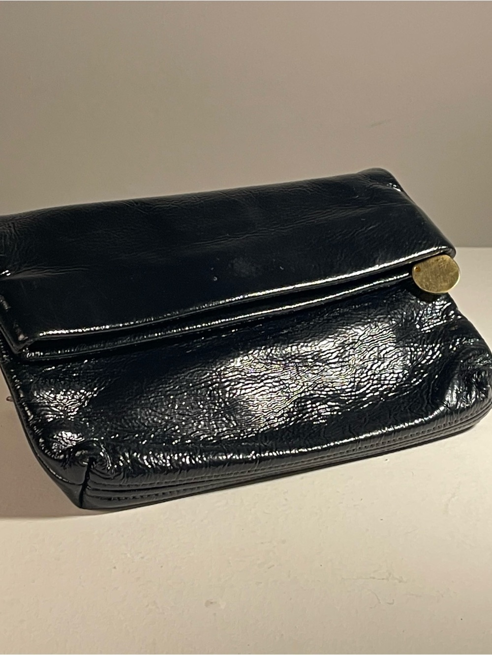 Lorelei Black Crinkle Patent Leather Foldover Clutch Purse